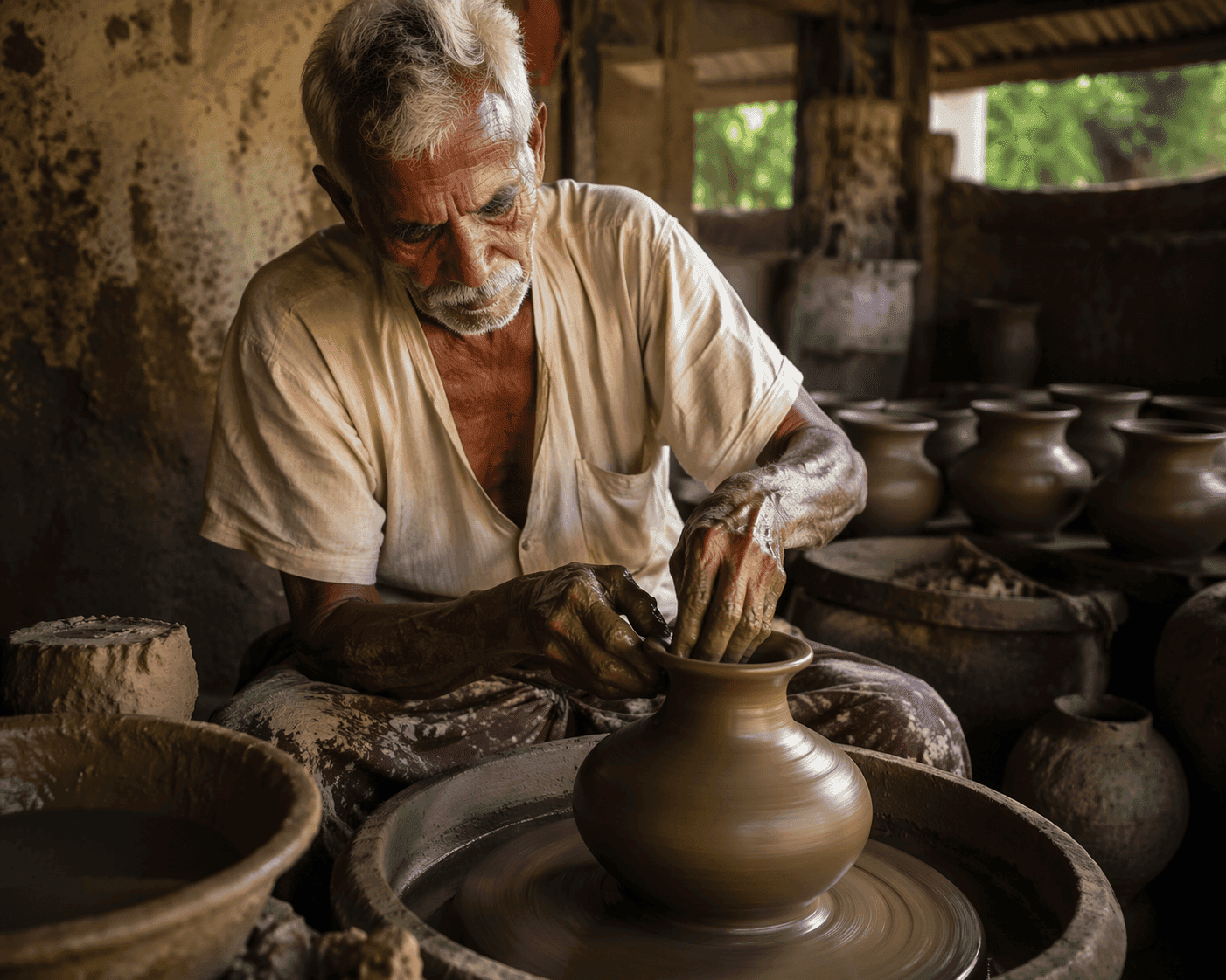 Master artisan shaping clay pottery
