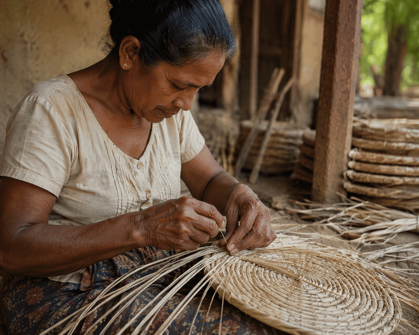 Artisan woman weaving traditional baskets
